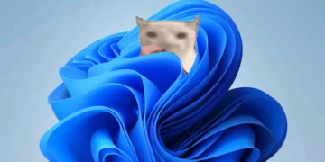 Funny meme cat sitting in a retro Windows-style desktop interface with bright pixel colors in a nostalgic live wallpaper