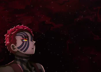 Akaza Upper Moon Three standing under moonlight with glowing markings and intense aura in a Demon Slayer live wallpaper