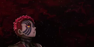 Akaza Upper Moon Three standing under moonlight with glowing markings and intense aura in a Demon Slayer live wallpaper