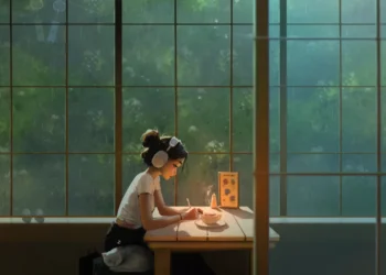 Anime LoFi girl studying at desk with headphones on while rain falls outside window in a cozy study room live wallpaper