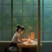 Anime LoFi girl studying at desk with headphones on while rain falls outside window in a cozy study room live wallpaper