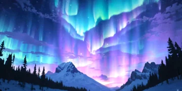 Glowing northern lights in green and purple cascading across night sky above mountain peaks in a breathtaking landscape live wallpaper