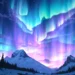 Glowing northern lights in green and purple cascading across night sky above mountain peaks in a breathtaking landscape live wallpaper