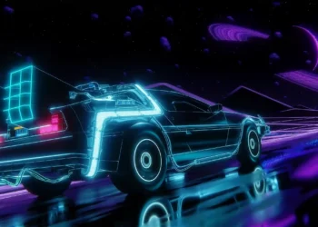 Retro DeLorean racing through neon pink and purple cosmic highway with glowing stars and futuristic cyberpunk lights in a live wallpaper