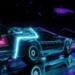 Retro DeLorean racing through neon pink and purple cosmic highway with glowing stars and futuristic cyberpunk lights in a live wallpaper