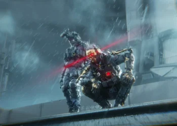 Futuristic armored soldiers with glowing red visors marching in a dark battlefield with metallic exosuits in a sci-fi live wallpaper