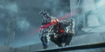 Futuristic armored soldiers with glowing red visors marching in a dark battlefield with metallic exosuits in a sci-fi live wallpaper