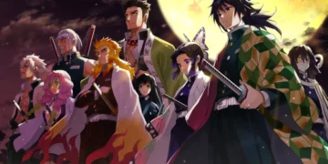 All Demon Slayer Hashira standing together under a glowing full moon with swords and shadows in a cinematic night live wallpaper