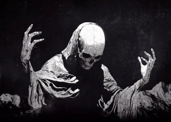 Skeletal Grim Reaper cloaked in tattered robes with raised bony hands emerging from shadows in a dark gothic fantasy live wallpaper