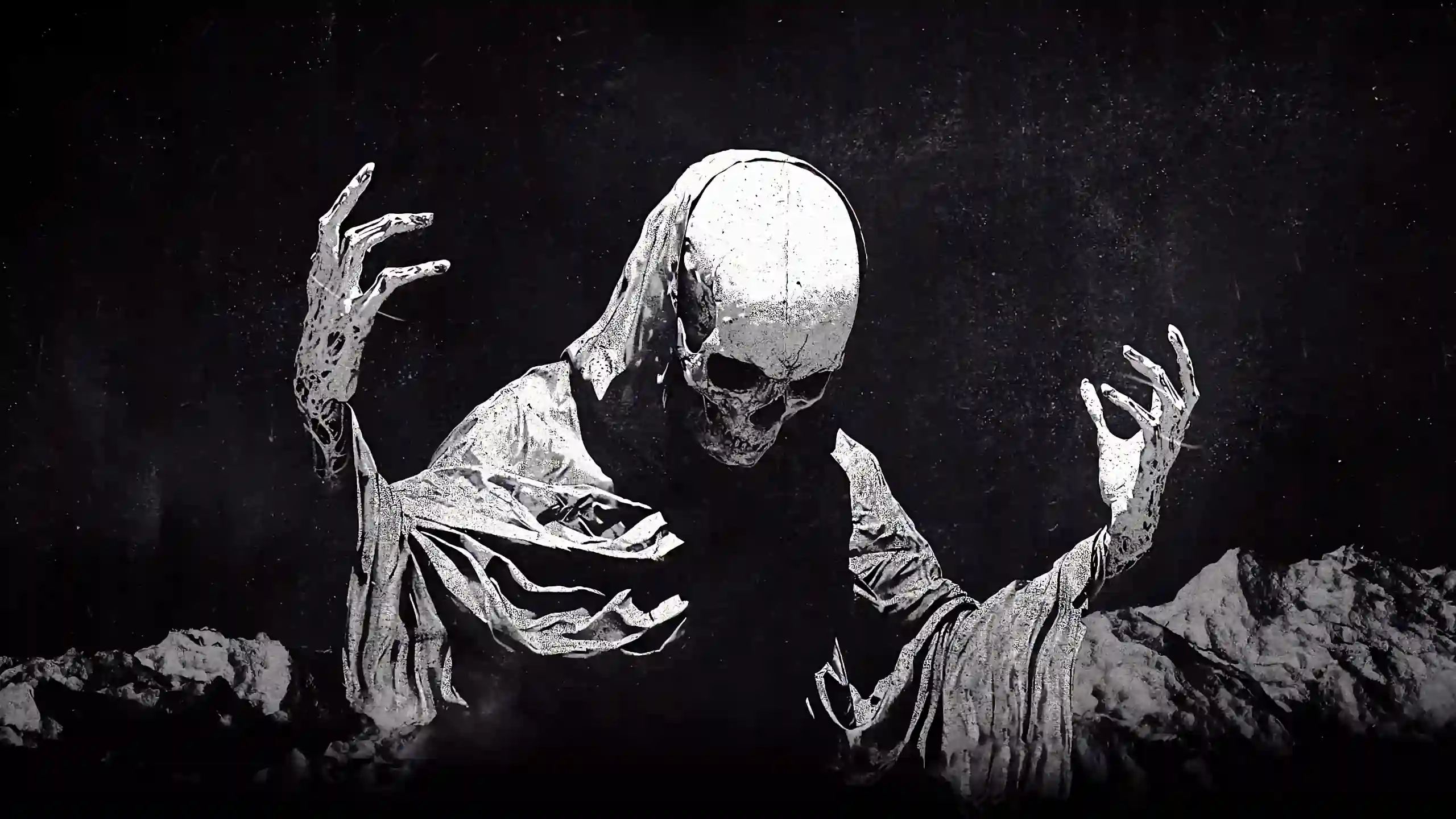 Skeletal Grim Reaper cloaked in tattered robes with raised bony hands emerging from shadows in a dark gothic fantasy live wallpaper