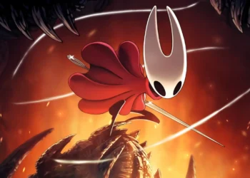 Hornet lunging with needle weapon as Knight prepares to fight in glowing Hollow Knight boss arena in a cinematic live wallpaper