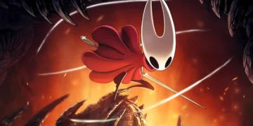 Hornet lunging with needle weapon as Knight prepares to fight in glowing Hollow Knight boss arena in a cinematic live wallpaper