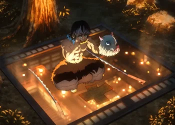 Inosuke Hashibira falling through twisting glowing halls of Infinity Castle with dual serrated swords in a dramatic Demon Slayer live wallpaper