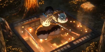 Inosuke Hashibira falling through twisting glowing halls of Infinity Castle with dual serrated swords in a dramatic Demon Slayer live wallpaper