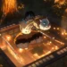 Inosuke Hashibira falling through twisting glowing halls of Infinity Castle with dual serrated swords in a dramatic Demon Slayer live wallpaper