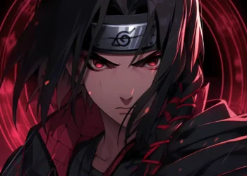 Itachi Uchiha with glowing crimson Mangekyou Sharingan eyes surrounded by shadows in a dark anime live wallpaper