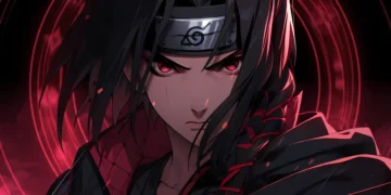Itachi Uchiha with glowing crimson Mangekyou Sharingan eyes surrounded by shadows in a dark anime live wallpaper
