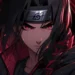 Itachi Uchiha with glowing crimson Mangekyou Sharingan eyes surrounded by shadows in a dark anime live wallpaper