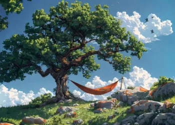 Hammock swaying under a large tree with sunlight filtering through leaves in a calm and peaceful nature live wallpaper