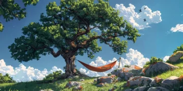 Hammock swaying under a large tree with sunlight filtering through leaves in a calm and peaceful nature live wallpaper