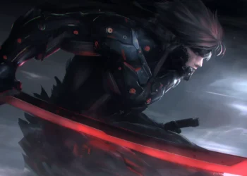 Raiden from Metal Gear Rising holding glowing high-frequency blade with lightning sparks across his cybernetic armor in a live wallpaper