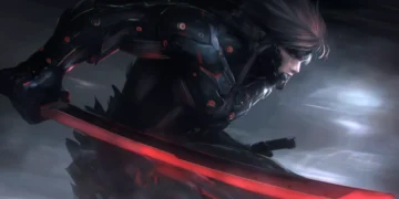 Raiden from Metal Gear Rising holding glowing high-frequency blade with lightning sparks across his cybernetic armor in a live wallpaper