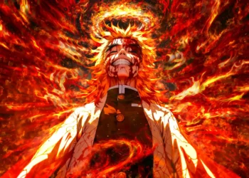Rengoku using Flame Breathing with blazing sword surrounded by roaring fire in a dramatic Demon Slayer live wallpaper