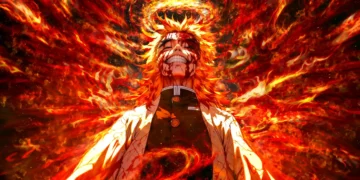 Rengoku using Flame Breathing with blazing sword surrounded by roaring fire in a dramatic Demon Slayer live wallpaper