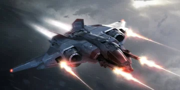 Futuristic Aegis space combat jet flying through storm clouds with glowing thrusters and plasma cannons in cinematic live wallpaper