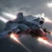 Futuristic Aegis space combat jet flying through storm clouds with glowing thrusters and plasma cannons in cinematic live wallpaper
