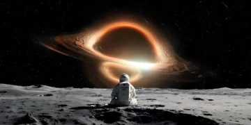 Astronaut sitting on the moon watching a glowing black hole with cosmic light and stars live wallpaper