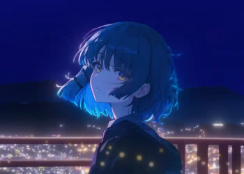 Anime girl with blue hair and golden eyes looking at glowing city lights under a clear starry night sky in a peaceful live wallpaper