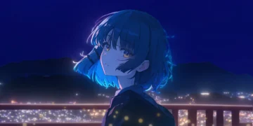 Anime girl with blue hair and golden eyes looking at glowing city lights under a clear starry night sky in a peaceful live wallpaper