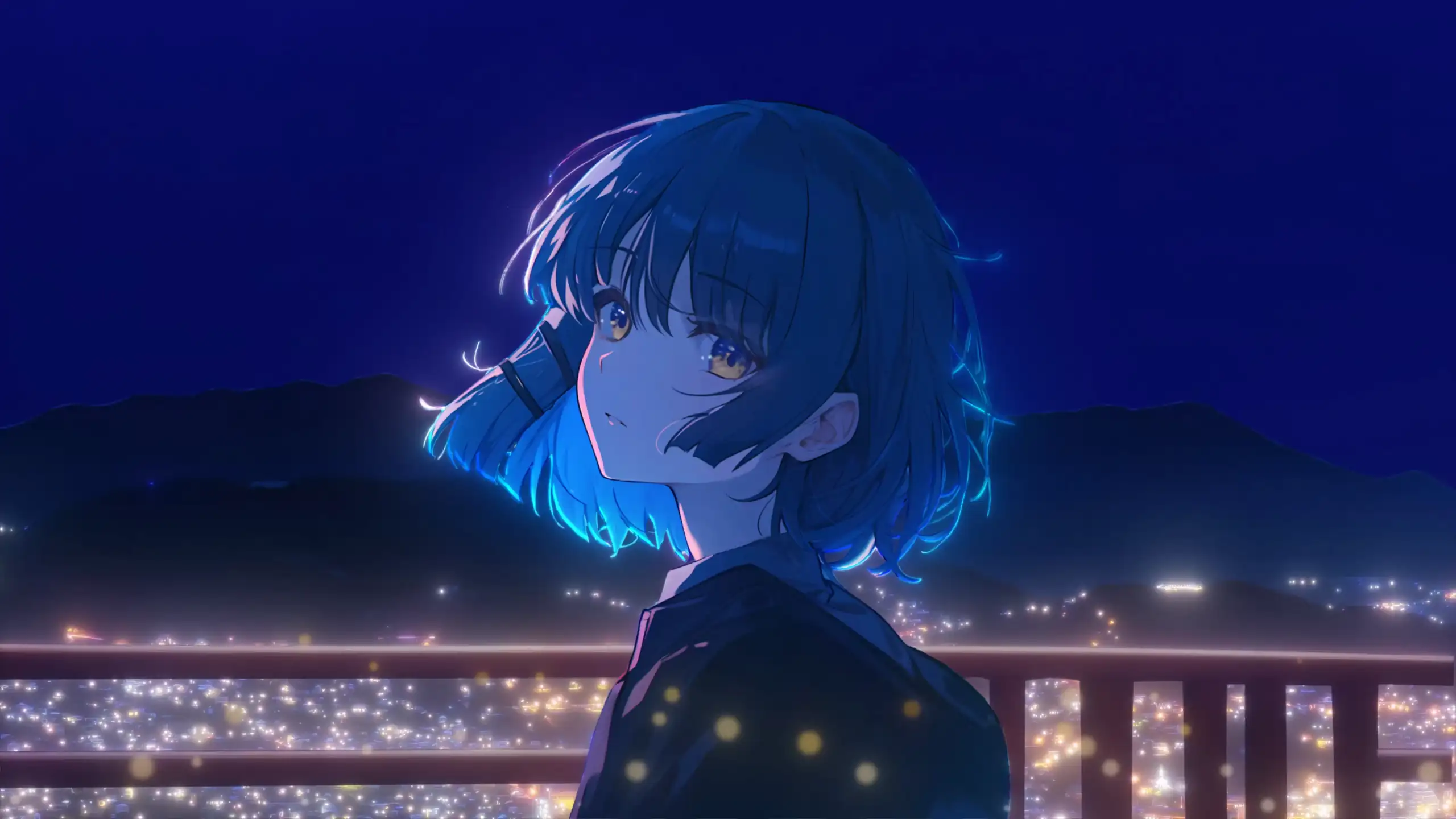 Anime girl with blue hair and golden eyes looking at glowing city lights under a clear starry night sky in a peaceful live wallpaper