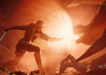 Ciri vs Bauk The Witcher 4 Live Wallpaper 1 Ciri fighting a giant monster with glowing sword and fiery magic shield in a burning battlefield live wallpaper