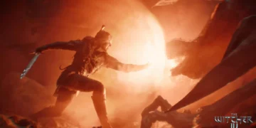 Ciri fighting a giant monster with glowing sword and fiery magic shield in a burning battlefield live wallpaper
