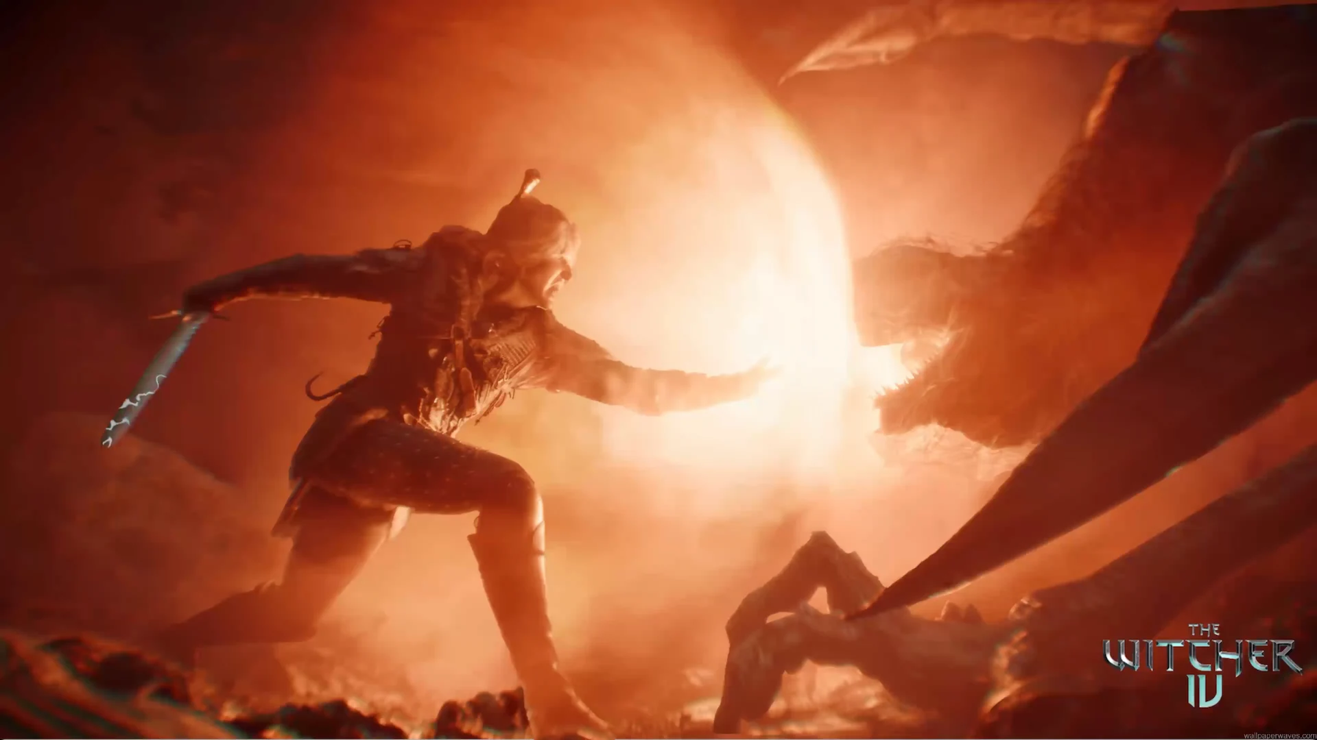 Ciri fighting a giant monster with glowing sword and fiery magic shield in a burning battlefield live wallpaper