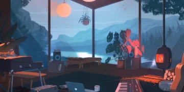 Cozy LoFi cabin interior with glowing lamps, fireplace, plants, vinyl records, and rainy mountain view through large windows in a live wallpaper