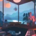 Cozy LoFi cabin interior with glowing lamps, fireplace, plants, vinyl records, and rainy mountain view through large windows in a live wallpaper