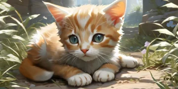 Adorable orange kitten with blue eyes resting in sunlight surrounded by grass and flowers live wallpaper