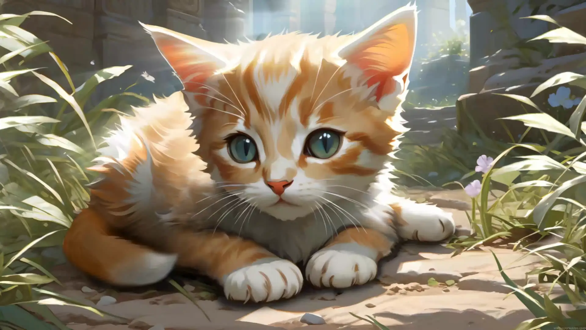 Adorable orange kitten with blue eyes resting in sunlight surrounded by grass and flowers live wallpaper