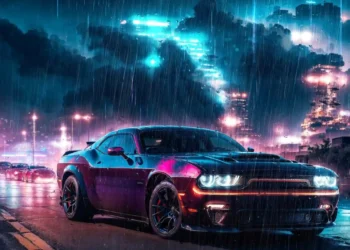 Cyberpunk Dodge Challenger Neon Rain Live Wallpaper 1 Cyberpunk Dodge Challenger glowing under neon lights in rainy futuristic city night live wallpaper