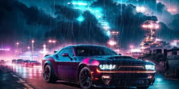 Cyberpunk Dodge Challenger glowing under neon lights in rainy futuristic city night live wallpaper