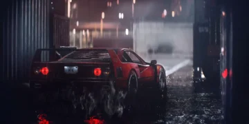 Ferrari F40 Reflections in the Rain Live Wallpaper 15 Cinematic Ferrari F40 parked in rain alley with reflections and mist glowing under city lights live wallpaper