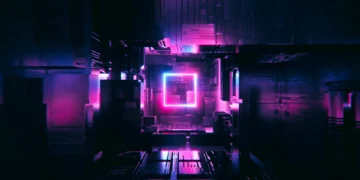 Glowing neon energy core tunnel with pink and blue futuristic lights and metallic reflections live wallpaper