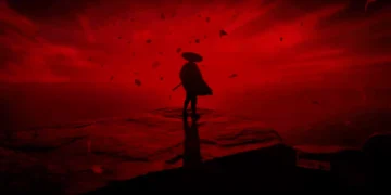 Silhouette of a samurai with sword standing on cliff under burning red sky with scattered leaves in a dramatic Ghost of Tsushima live wallpaper