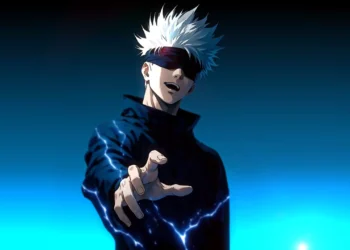 Gojo Satoru with blindfold and glowing blue lightning energy in Limitless Domain Jujutsu Kaisen live wallpaper