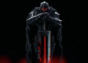 Guts in Berserker Armor holding massive sword with red glowing light in dark background Berserk live wallpaper