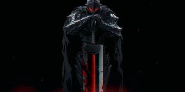 Guts in Berserker Armor holding massive sword with red glowing light in dark background Berserk live wallpaper