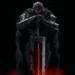 Guts in Berserker Armor holding massive sword with red glowing light in dark background Berserk live wallpaper
